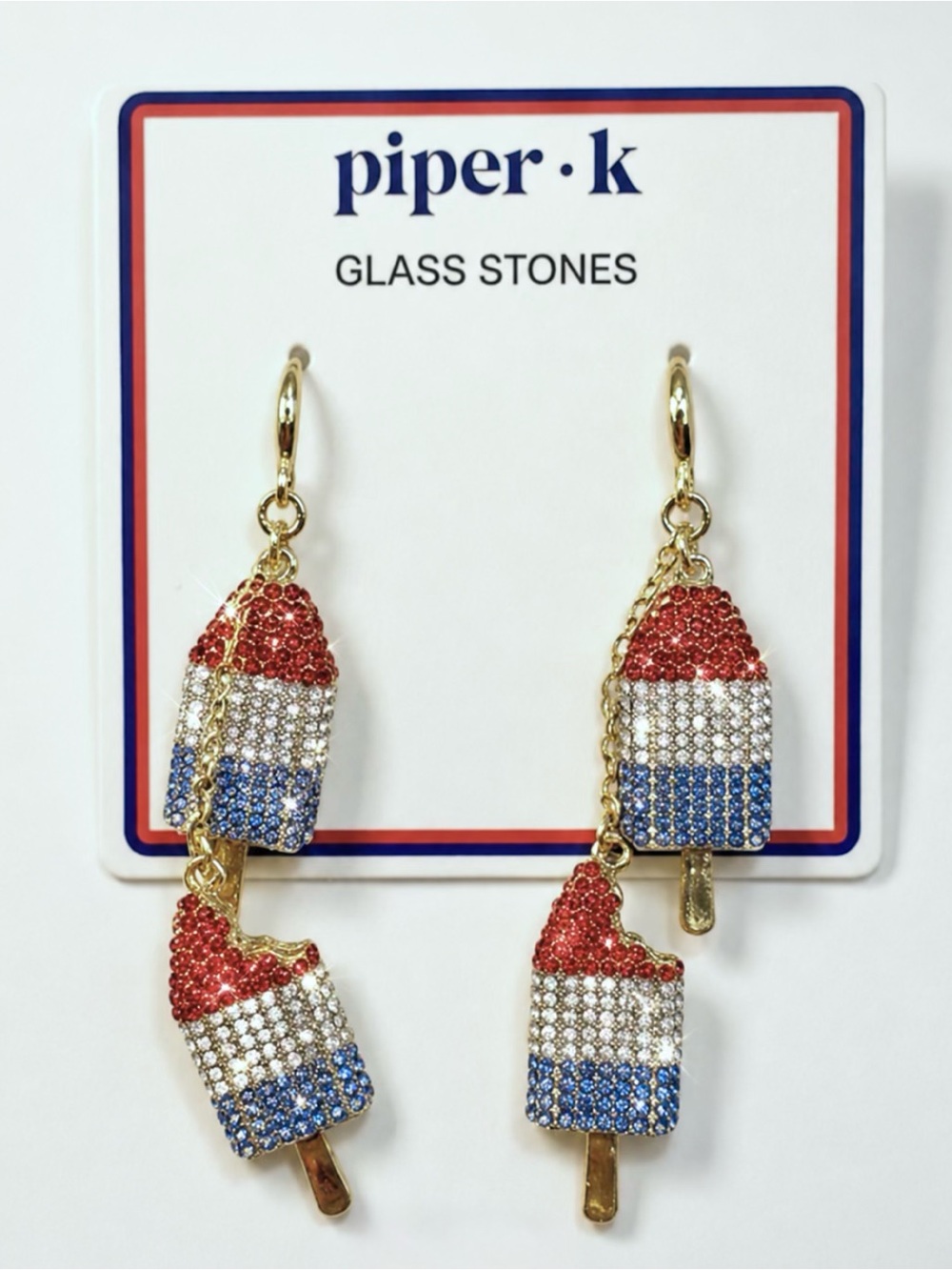 Piper K Rocket Pop Popsicle Glass Rhinestone Dangle Earrings 4th of July NEW